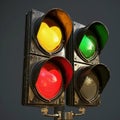 Close-up of an old traffic light with all three colors illuminated against a dark background. Traffic light in the shape Royalty Free Stock Photo