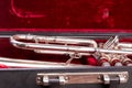 Close up old trumpet in velvet case. Royalty Free Stock Photo