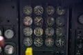 Close up of old vintage airplane cockpit Flight Deck control panel