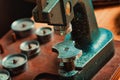 Close up on an old vintage bench press on a workbench