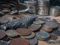 close up of old vintage coins with silver bar and old Soviet banknote Royalty Free Stock Photo