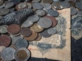 close up of old vintage coins with silver bar and old Soviet banknote Royalty Free Stock Photo