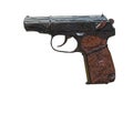 Close up on old vintage illustration of pistol on white background