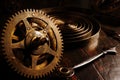 Close up of old watch gears. Background with retro clock as time concept