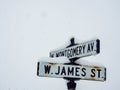 Old Metal Street Sign in Snow, Close Up