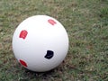 Close-up old white plastic soccer ball on green grass field Royalty Free Stock Photo