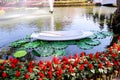 Old white rowboat and wood paddle moored in water pond with colorful flowers and fountain on park background