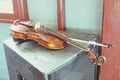 Close-up, old wood violin, vintage style, classical instrument isolation. Royalty Free Stock Photo