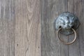 Closeup of old wooden with lion or tiger shape door knob and handle ring