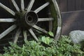 Close-up of an old wooden wagon wheel Royalty Free Stock Photo