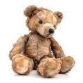 Close up of an old, worn out teddy bear on a white background, showing its ragged texture and nostalgic sentimentality. Generative Royalty Free Stock Photo