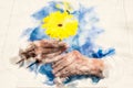 Close-up of older womans hand holding a yellow flower in the style of an aquarelle Royalty Free Stock Photo