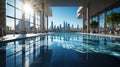 Close-up of the Olympic swimming pool with the cityscape outside