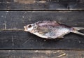 Close-up of one air-dried salty freshwater bream on a dark wooden background