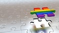 Close up of One Big Rainbow Puzzle Piece above all other Silver pieces Royalty Free Stock Photo