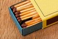 Close-up of one burn match in a matchbox