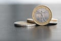 Close up of a one euro coin on blurred background showing the Vitruvian Man, a drawing by Leonardo da Vinci Royalty Free Stock Photo