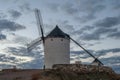 Traditional windmill in Consuegra at sunset, Toledo, Spain