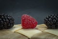 Raspberry and blackberries on tipped wicker basket