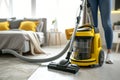 Close up one person cleaning the bedroom vacuum cleaner carpet housekeeping home flooring rug sweeping apartment hygiene