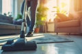 Close up one person cleaning the living room vacuum cleaner carpet housekeeping home flooring rug sweeping apartment