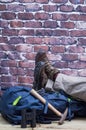 Close Up of One Person who wears boots for trekking and Mountain