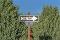 Close up of a One Way road sign against tree leaves and blue sky on a sunny day Royalty Free Stock Photo