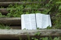 Close-up of open Bible in Isaiah chapter 40. Outdoors on wooden stair step. Copy space. Horizontal shot