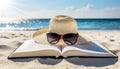 Open Book and a white Straw Hat with Sunglasses on a Sandy Beach - Generative Ai Royalty Free Stock Photo
