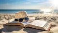 Open Book and a white Straw Hat with Sunglasses on a Sandy Beach - Generative Ai Royalty Free Stock Photo