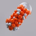 Close-up open capsule or pill antibioic painkiller with many spheres medicine inside. Health medical concept. 3d render Royalty Free Stock Photo