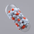 Close-up open capsule or pill antibioic painkiller with many spheres medicine inside. Health medical concept. 3d render Royalty Free Stock Photo