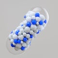 Close-up open capsule or pill antibioic painkiller with many spheres medicine inside. Health medical concept. 3d render Royalty Free Stock Photo