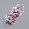 Close-up open capsule or pill antibioic painkiller with many spheres medicine inside. Health medical concept. 3d render Royalty Free Stock Photo