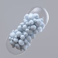 Close-up open capsule or pill antibioic painkiller with many spheres medicine inside. Health medical concept. 3d render Royalty Free Stock Photo