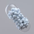 Close-up open capsule or pill antibioic painkiller with many spheres medicine inside. Health medical concept. 3d render Royalty Free Stock Photo