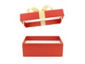 closeup open and empty red gift box with golden ribbon bow (lid is floating in the air) isolated on white background Royalty Free Stock Photo