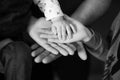 Close up open hands of man and woman and kid with palm up . Family together helping  harmony  and caring concept Royalty Free Stock Photo