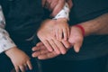 Close up open hands of man and woman and kid with palm up . Family together helping  harmony  and caring concept Royalty Free Stock Photo