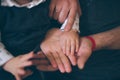 Close up open hands of man and woman and kid with palm up . Family together helping  harmony  and caring concept Royalty Free Stock Photo