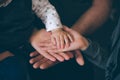 Close up open hands of man and woman and kid with palm up . Family together helping  harmony  and caring concept Royalty Free Stock Photo