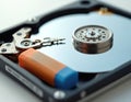 Close up of an open hard disk drive with an eraser. It represents data deletion or file formatting. The photo is suitable for tech Royalty Free Stock Photo