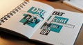 Close up of an open notebook with overlapping handwritten words DRE KES BKT CENT in various fonts on grid paper with pen and Royalty Free Stock Photo