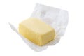 Close up of open pack of margarine or vegetarian butter on white backgraund.