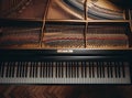 Close-up of an open piano, showcasing its keys and internal strings, evoking a sense of music and artistry. Royalty Free Stock Photo