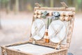 Close up of an open picnic basket over wooden table in the park.