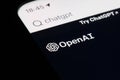 close up OpenAI and ChatGPT brand logo on screen