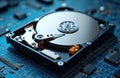 Close up of opened hard disk drive on circuit board. Computer hardware shows magnetic storage platter, read write head, Royalty Free Stock Photo
