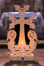 Close-up of openwork Armenian traditional stone khachkar in the Armenian Orthodox