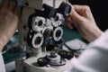 Close up of ophthalmologist using microscope in medical laboratory, Ophthalmology doctor doing research on a human, AI Generated